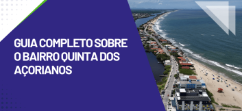 Capa do guia sobre o bairro Quinta dos Açorianos, com vista aérea da praia, área residencial e litoral de Barra Velha.