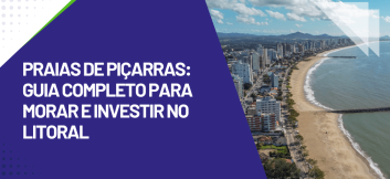 Capa do guia sobre as praias de Piçarras, com vista aérea da orla, faixa de areia extensa, mar e edifícios próximos à costa.